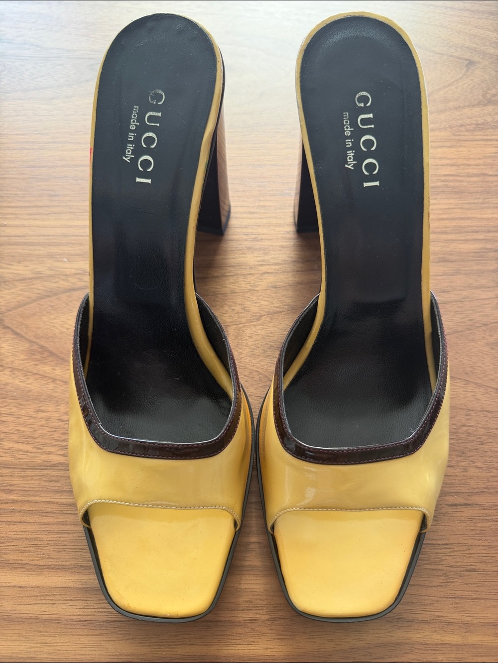 Gucci Yellow Patent Leather Open-Toe Mules with Brown Trim